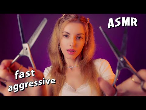 ASMR Fast Aggressive Hairstylist Realistic Haircut Combing, Scissors, Brushing, Styling ASMR
