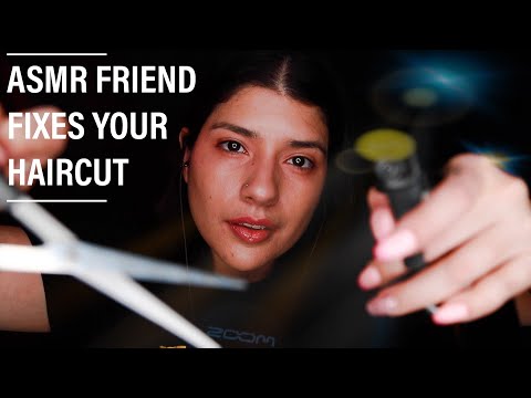 ASMR FRIEND FIXES YOUR HAIRCUT - Brushing, Spray Bottle, Scissor Sounds