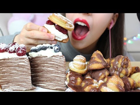 ASMR CHOCOLATE PROFITEROLES + CREPE CAKE (Soft & Crunchy Eating Sounds) No Talking
