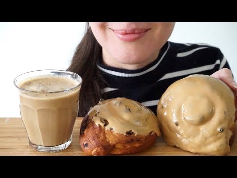 ASMR Eating Sounds: Coffee Scroll Buns & Soy Latte (Mostly No Talking)