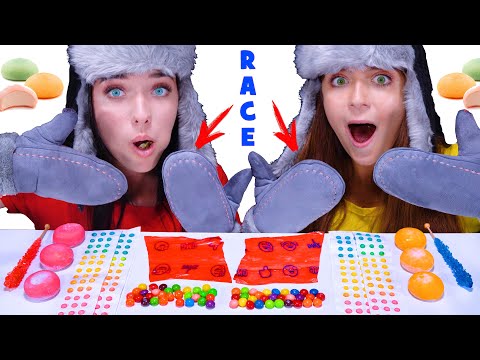 ASMR CANDY RACE IN WINTER MITTENS AND HATS | EATING SOUNDS LILIBU