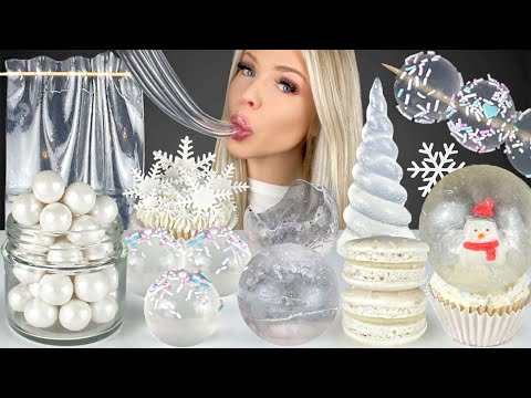 ASMR Clear Snowy Food, Snow Globe Cupcakes, Hollow Ice, Glass Jelly, Coconut Cookies Mukbang 먹방