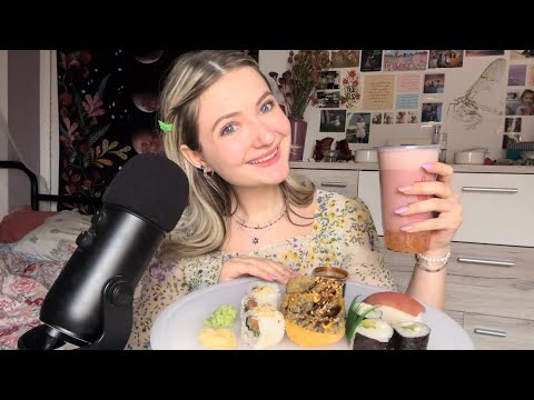 ASMR| eating sushi and drinking bubble tea| light whispers