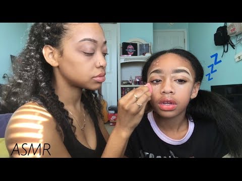 ASMR | Doing My Little Sisters Makeup | I MADE HER FALL ASLEEP !!  😴