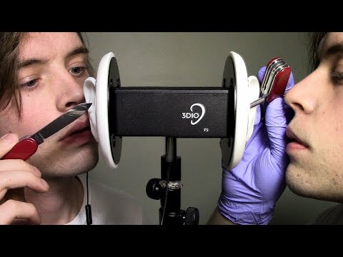 ASMR 3Dio Deep Twin Ear Cleaning with Knife & Up Close Whispering (gloves, picking, scraping, male)