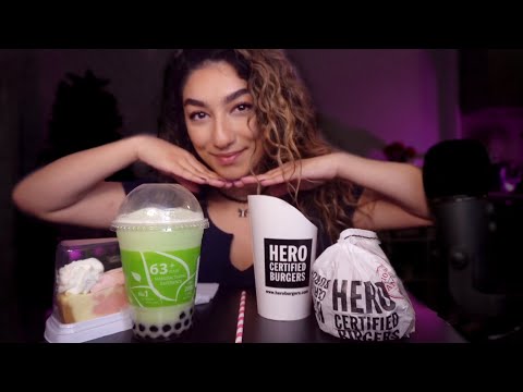 ASMR | Mukbang (Spicy Chicken Burger, Onion Rings, Cheesecake & Bubble Tea)