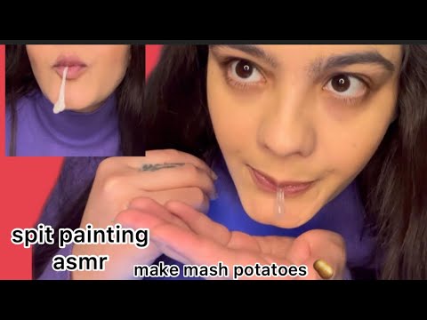 asmr spit painting&chewing gum &extra spit painting &whisper secret &make mashed lotato with cheese