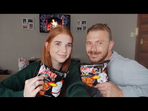 ASMR | Spicy noodle challenge | My husband tries asmr for the 1st time (we laugh & sniff a lot). ❤️🔥