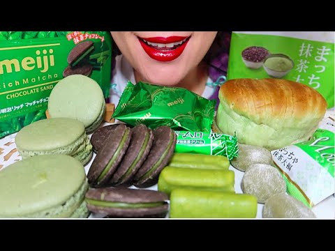 ASMR Green Tea Flavored Snacks, Green Food, Matcha Macarons,  Matcha Mochi 먹방 |CURIE.ASMR