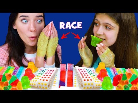 ASMR CANDY RACE WITH STICKY TAPE ON HAND (CANDY BUTTONS, WAX STICKS, JELLO CUPS) Eating Sound