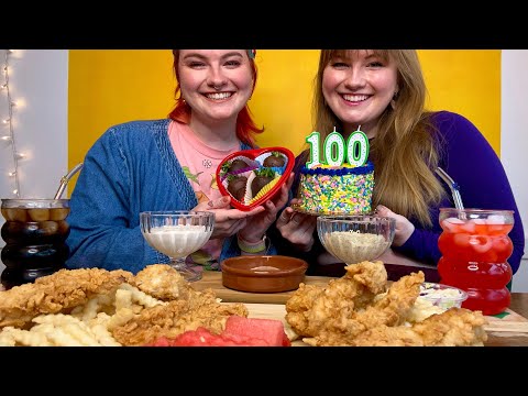 ASMR Mukbang with my Identical Twin | Raising Canes, Chicken Strips, Fries,  Strawberries, Cake