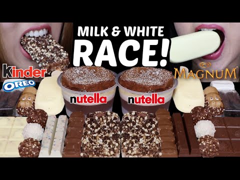 ASMR MILK & WHITE CHOCOLATE RACE! NUTELLA CAKE, MAGNUM ICE CREAM, FERRERO, OREO DIPS, HERSHEY'S 먹방