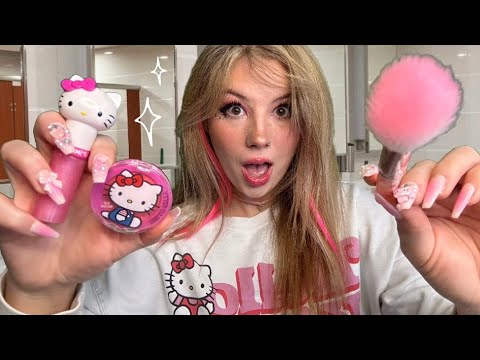 ASMR| HELLO KITTY GIRL🎀 Does Your Makeup In The School Bathroom (Makeup, Nails, Hair)