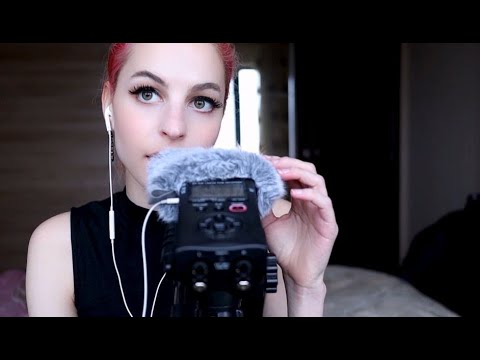 ASMR| Unintelligible whispers w fluffy mic + tapping, close up
