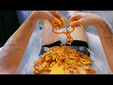 CHEESE SAUCE BACON CURLY FRIES IN A BUBBLE BATH * ASMR NO TALKING * NOMNOMSAMMIEBOY
