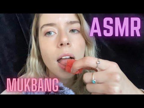 ASMR Mukbang (eating + crunching sounds / mouth sounds / whispering)