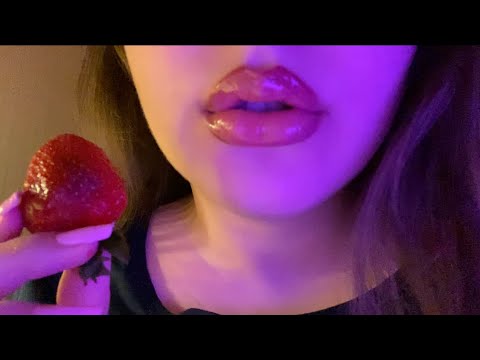 Asmr close-up slow mouth sounds, strawberry eating, inaudible whispering