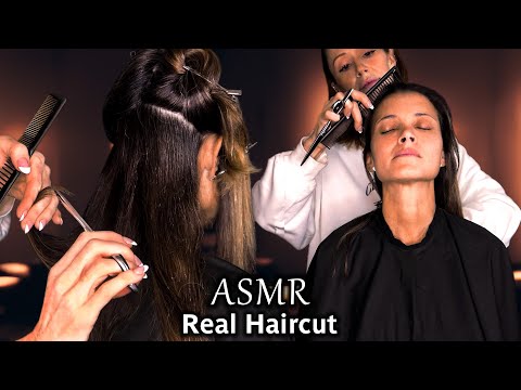 Real ASMR Haircut, Hair Stylist gives Ultimate Salon Experience (cutting, brushing, spray sounds)