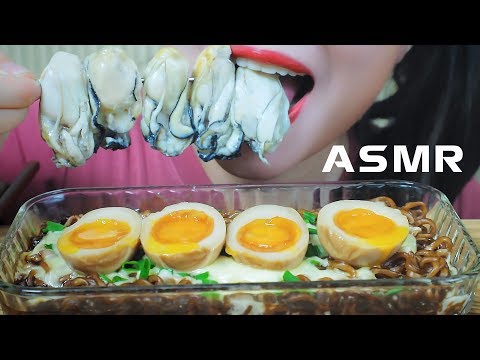 ASMR EATING SPICY CHEESY BLACK BEAN NOODLES WIT SOAKED EGGS IN SOY SAUCE AND OYSTER | LINH-ASMR 먹방