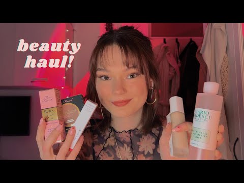 ASMR beauty haul! Fenty, Rare Beauty, Too Faced etc. (whispers tapping, lid sounds)
