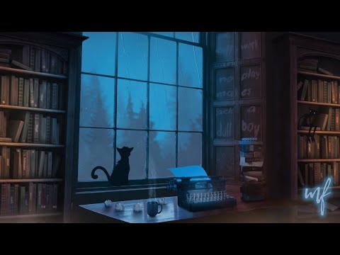 Writer's Cabin ASMR Ambience (typewriter, rain on window, thunder in distance, writing sounds)
