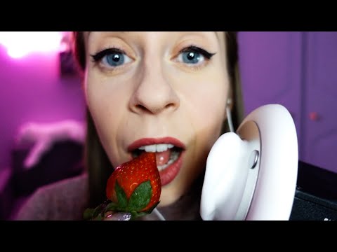 ASMR JUICY STRAWBERRY MOUTH SOUNDS ~ EAR EATING, LICKING & NOMS (W/ RAIN SOUNDS - NO TALKING)