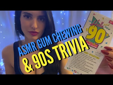 ASMR Gum Chewing and 90s Trivia Cards (Whispered, Binaural) 💖💙🛹💜📼💚💖