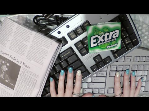 ASMR Gum Chewing Typing on 2 Keyboards from Thrift Store | Inaudible Whisper | NEWSPAPER Reading