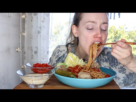 ASMR Whisper Eating Sounds | Huge "Meat" Balls, Spaghetti, Tomato Sauce, Salsa Dip | Mukbang 먹방