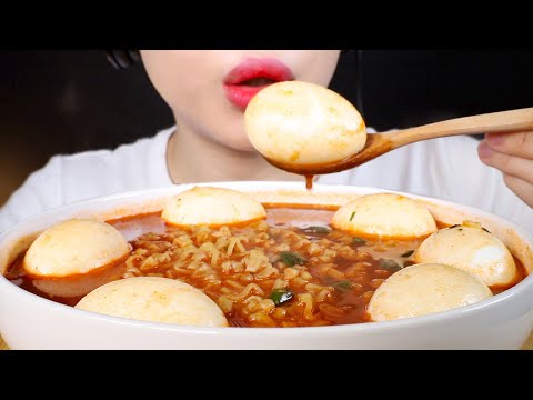 ASMR Soft Boiled Eggs in Soupy Fire Noodles Eating Sounds Mukbang