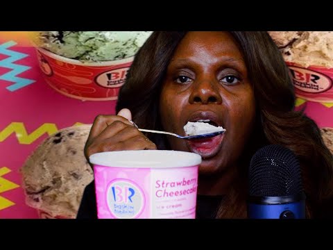 BR STRAWBERRY CHEESE CAKE ICE CREAM ASMR EATING SOUNDS.