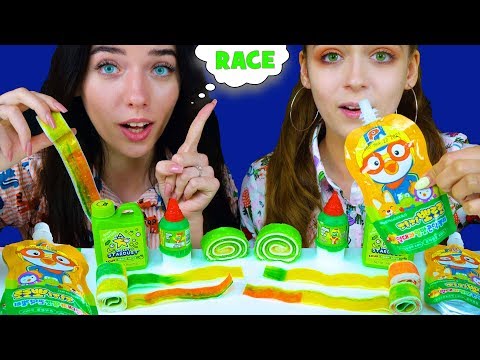 ASMR GREEN FOOD *JELLY DRINK, FRUIT BY THE FOOT, TAMARIND CANDY, GUM POWDER