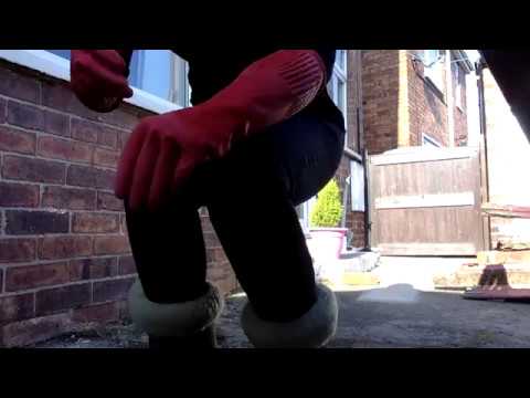 ASMR Mummy Sweeps Up Outside with a Bristle Brush and Long Red Rubber Gloves