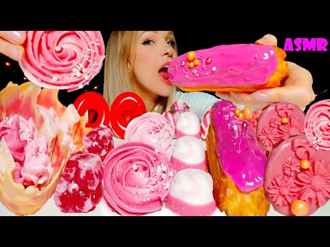 ASMR ECLAIR, CHOCOLATE VASE, CANDY | PINK DESSERTS MUKBANG | EATING 먹방