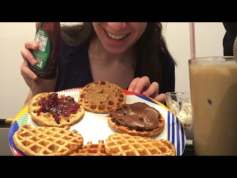 ASMR eating Waffles! Peanut butter! Jelly! Nutella! ICE CREAM! Mouth sounds! Big bites