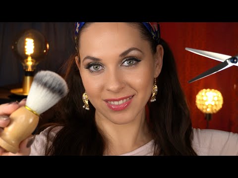 ASMR men's haircut and shave roleplay +  gum chewing whisper