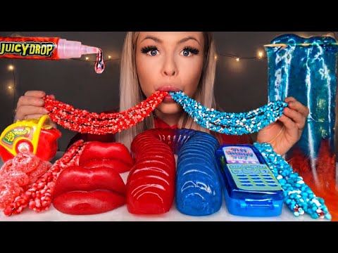 ASMR RED FOOD VS BLUE FOOD, GIANT GUMMY WORM, SOUR CANDY, WAX LIPS, SHEET JELLY, CANDY MUKBANG 먹방
