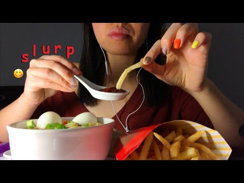 ASMR *EATING SOUNDS* Chicken Noodle Soup, Eggs + McDonald's French Fries aka COMFORT FOOD!! 🍜🥚🍟