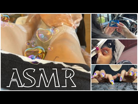 4 different scenes|| ASMR Keyboard Typing/ Gum Chewing/ Spa Sounds/ Long Nails/ Makeup Application