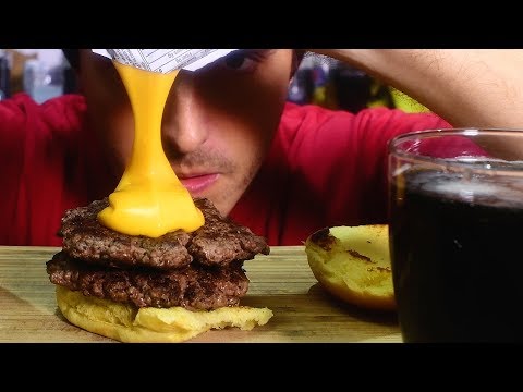 ASMR Cheesey Double Smash Burger + Grass Jelly Drink (Soft Eating Sounds) | Nomnomsammieboy