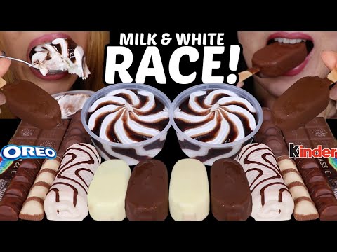 ASMR MILK & WHITE CHOCOALTE RACE! ZEBRA CAKE, MINI ICE CREAM BARS, KINDER BUENO, SWIRL ICE CREAM CUP