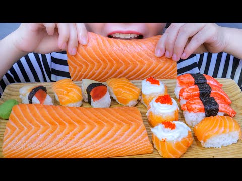 ASMR EATING RAW SALMON X SUSHI , EATING SOUNDS | LINH-ASMR