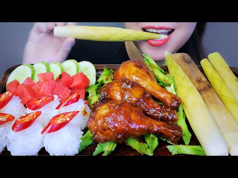 ASMR  chicken thighs char siu style AND PICKLE BAMBOO EATING SOUND | LINH-ASMR